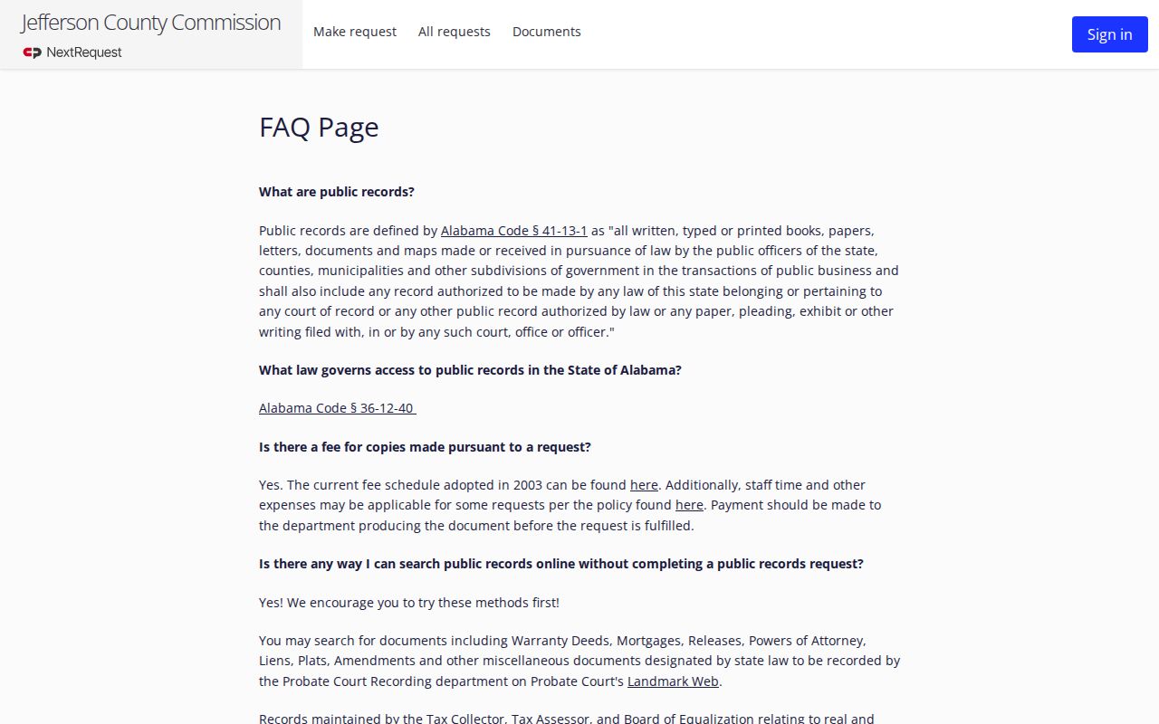 Jefferson County booking record request fee FAQ